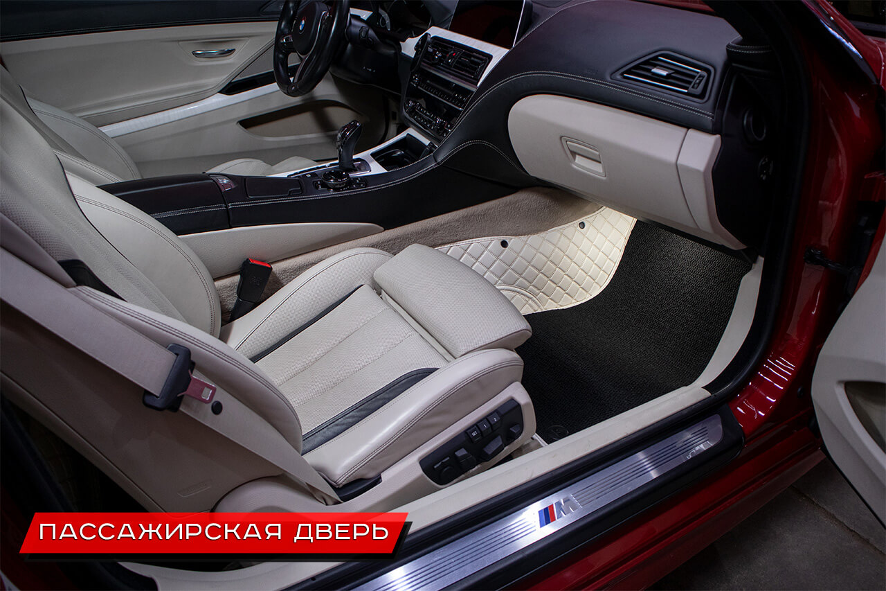 BMW 6 серия купе 2015. Экокожа Люкс белого цвета, съемный ворс "лужайка" черного цвета