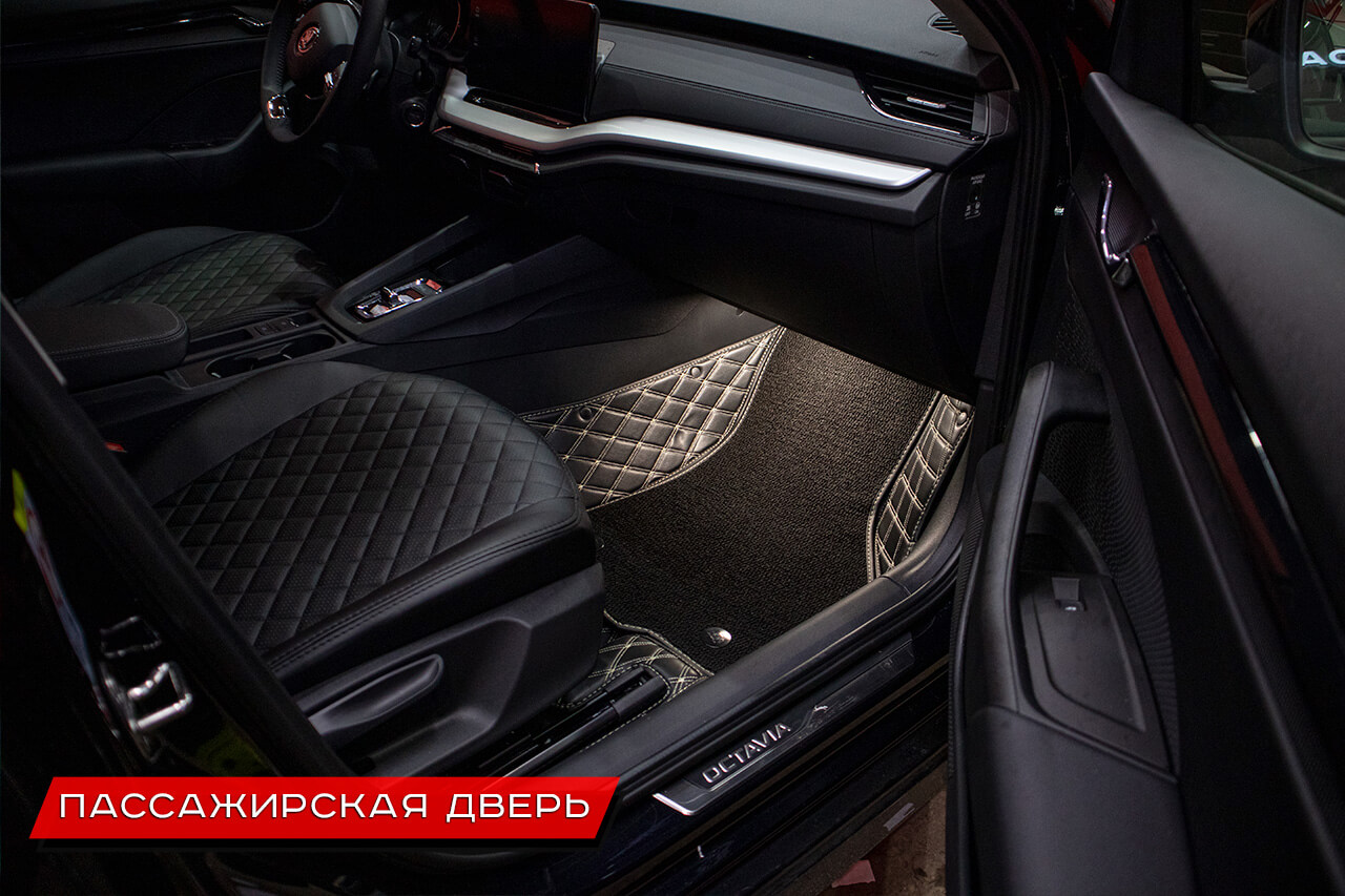 3d-коврики из экокожи в салон автомобиля Skoda Octavia. Материал Престиж черного цвета, бежевая строчка